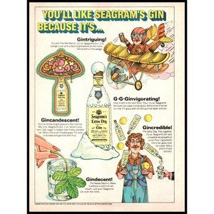 1977 Seagram's Extra Dry Gin Vintage Print Ad Cartoon Drawings Biplane Wall Art